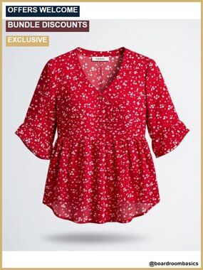 Plus Size Tunic Top with 3/4 Ruffle Sleeves V-Neck Chiffon Blouse